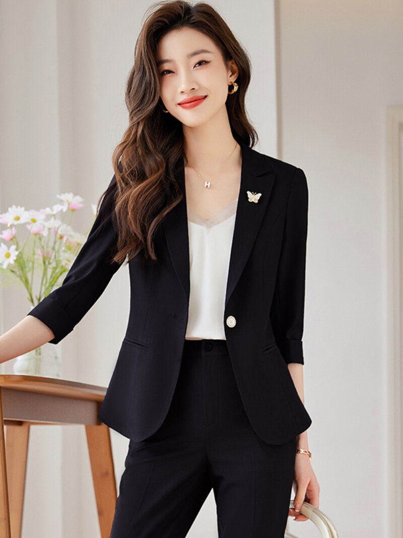 黑色套装夹克女式三分之袖2025夏季新款高端工作服专业优雅套装