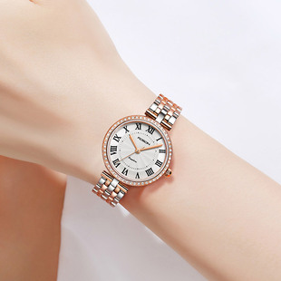劳士顿手表女士时尚圆盘带日历女款精钢手表石英表防水礼物情人节