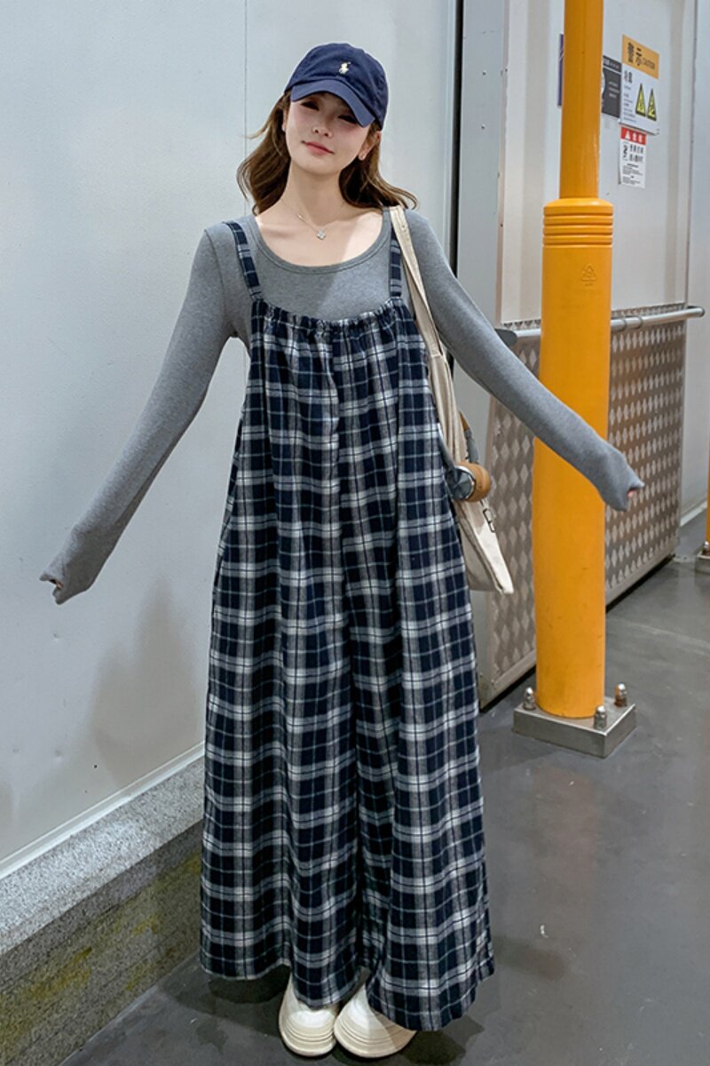 学院风格纹背带裤套装女春2025新款流行ootd穿搭超火打底衫两件套,女装套装/套裙,浙宝185
