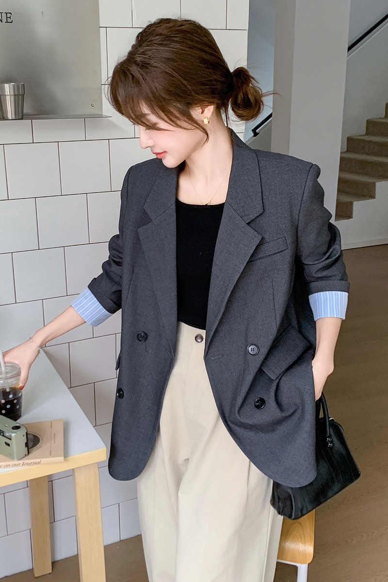撞色休闲宽松西装外套女春秋2025新款深灰色西服气质百搭洋气通勤,女装西装,浙宝185