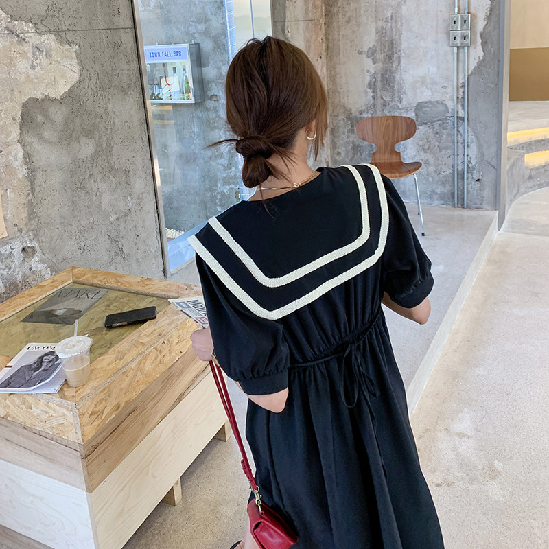 学院风海军领雪纺连衣裙女夏显瘦2025新款夏装女装法式甜美小黑裙,女装连衣裙,浙宝185