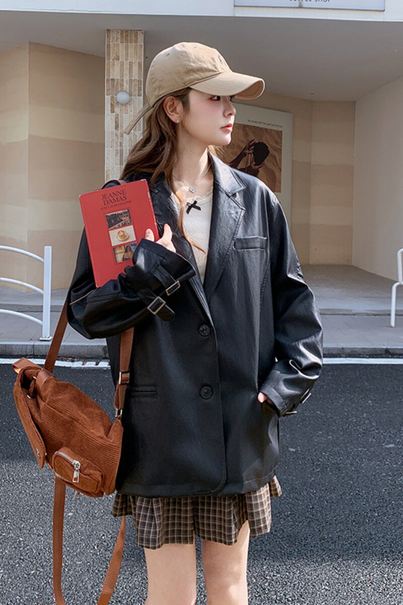 黑色PU皮衣西装外套女2025春季新款韩系复古高级感流行超火小西服,女装皮衣,浙宝185