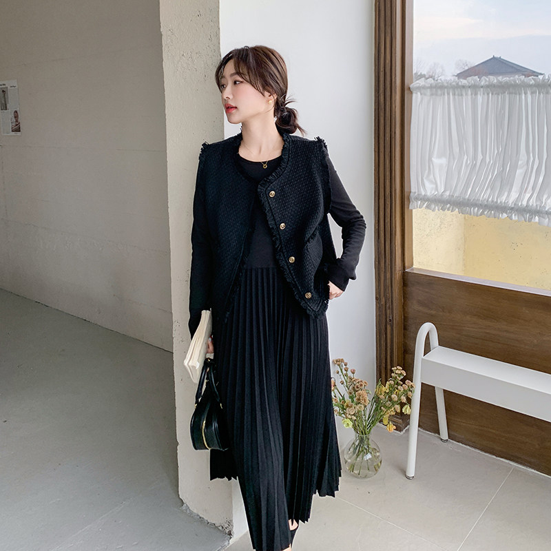 小香风马甲黑色连衣裙女套装春秋2025新款气质法式温柔减龄百褶裙,女装连衣裙,浙宝185