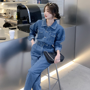 高腰显瘦时髦炸街牛仔连体裤女2025年春秋新款休闲工装裤连衣套装图片