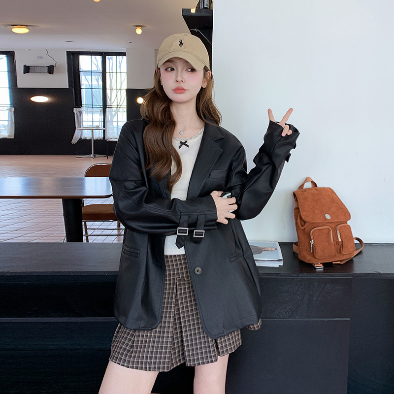 黑色PU皮衣西装外套女2025春季新款韩系复古高级感流行超火小西服,女装皮衣,浙宝185