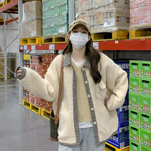 格子拼接羊羔毛外套女2025冬季新款学院风宽松减龄小个子皮毛一体图片