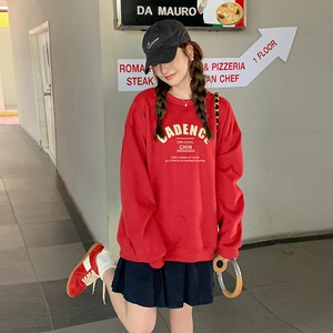 美式复古红色圆领字母卫衣女春秋款2025新款学院风洋气宽松上衣潮图片