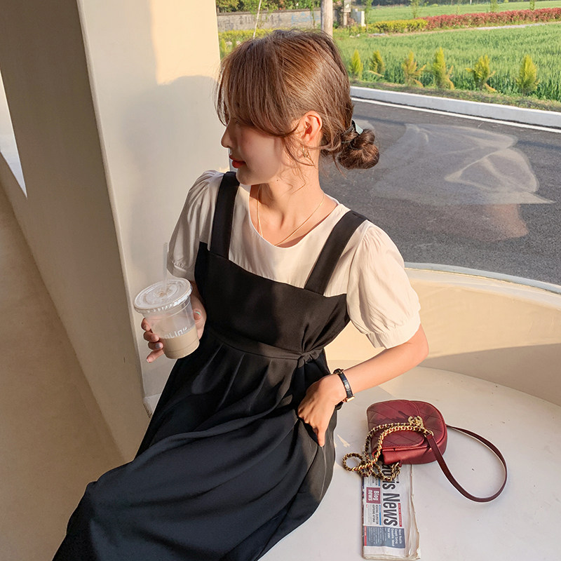 茶歇法式假两件背带连衣裙女夏显瘦2025新款小众设计拼接气质长裙,女装连衣裙,浙宝185