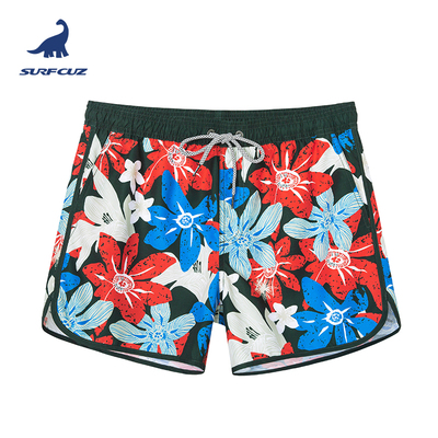 surfcuz男士速干可下水复古滚条款复古大花-墨绿沙滩裤