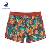 surfcuz男士 红色沙滩裤 速干可下水复古滚条款 花朵叶子