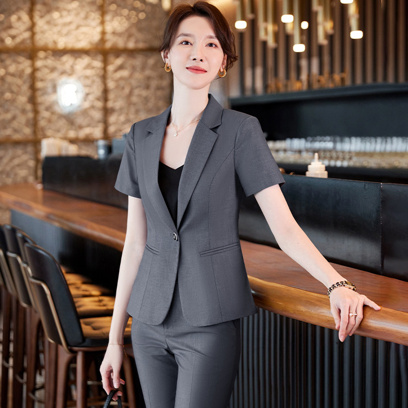 灰色职业装短袖西装套装女夏季酒店前台经理气质高端西服工作服夏