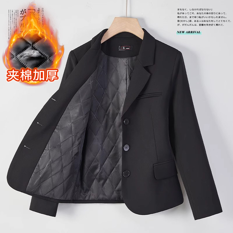黑色夹棉西装外套女冬季2025新款加厚小个子正装女士短款加棉西服
