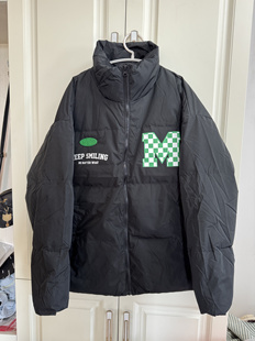 中华美家羽绒服男冬季 印花宽松黑色宽松立领撞色加厚鸭绒保暖外套