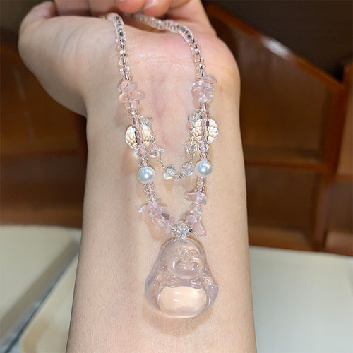 水晶项链莫桑比克粉晶佛公脖颈链粉晶毛衣链莫桑比克粉晶佛公项链