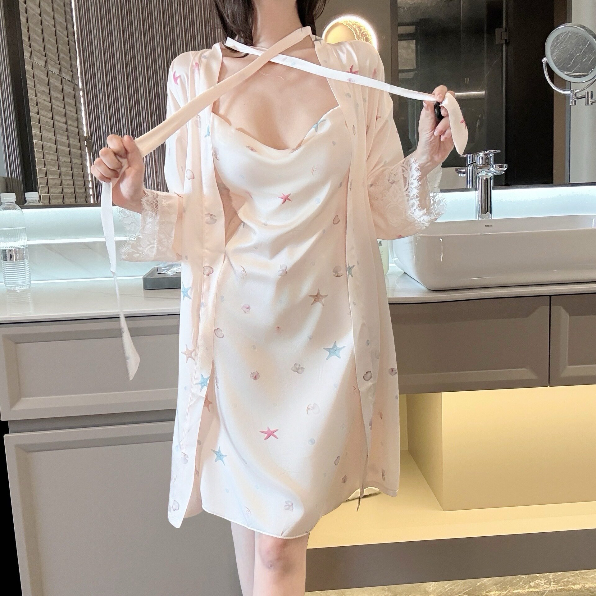 新款星星女士春夏季冰丝睡衣薄款性感睡袍吊带两件套浴袍直播代发