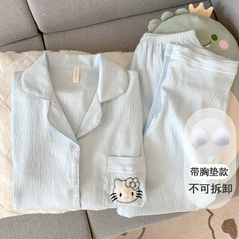 helloKitty带胸垫睡衣女款春秋夏季云朵纯棉纱长袖可爱少女家居服