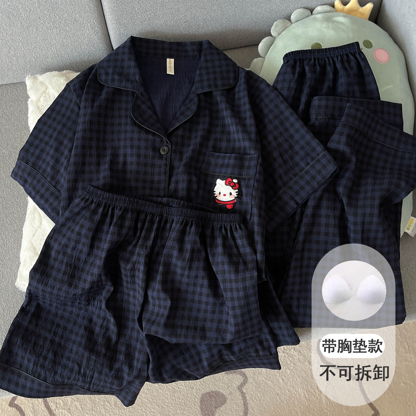 带胸垫格子小猫睡衣女款夏季云朵纯棉纱短袖可爱少女三件套家居服