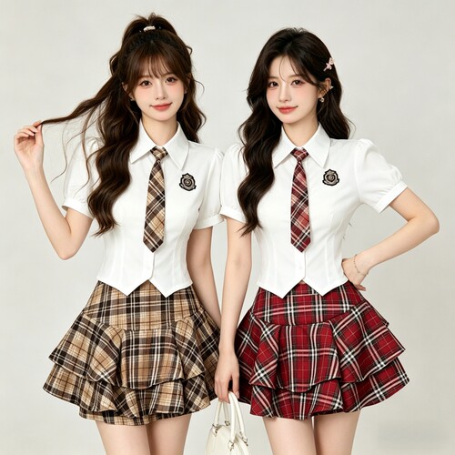 足浴技师工作服学院jk制服两件套女短袖衬衫格纹百褶裙工作服套装