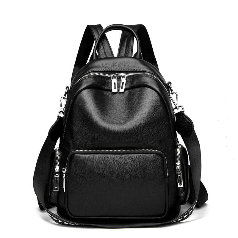 头层牛皮真皮女士双肩包女大容量百搭通勤包软皮多口袋背包黑色