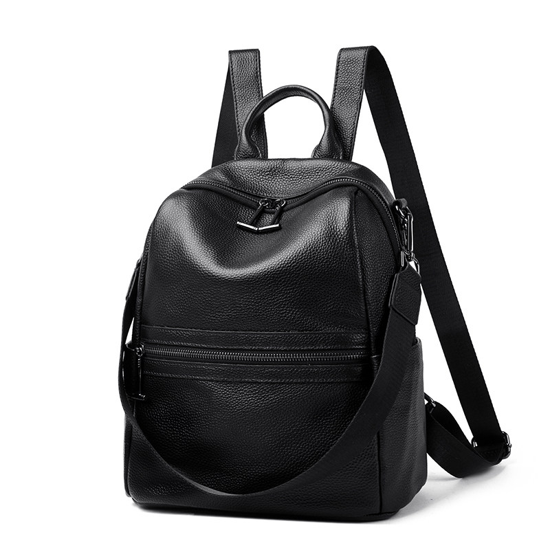 头层牛皮真皮双肩包女大容量高级感轻便通勤背包休闲简约风黑色