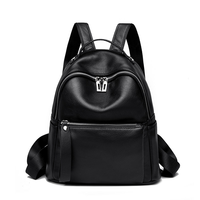 头层牛皮真皮简约风双肩包女黑色软皮大容量时尚背包高级感通勤包