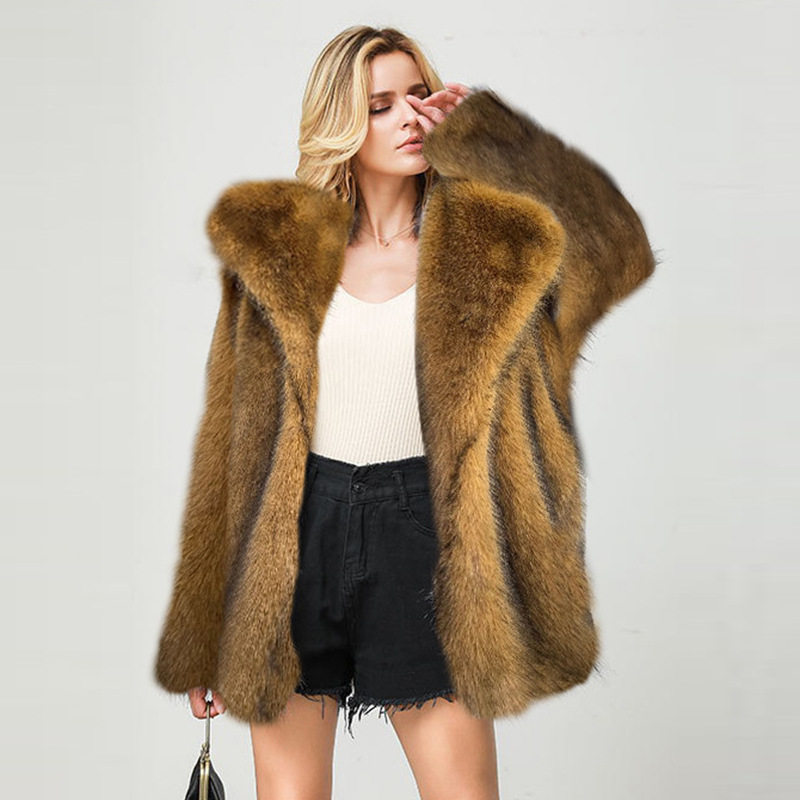 Faux fur jacket欧美女装流行秋冬新款时尚中长款大衣仿皮草外套
