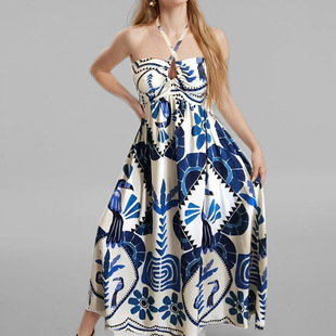 欧美女装 dress2025夏季 印花镂空大摆挂脖绑带连衣裙 neck Hanging