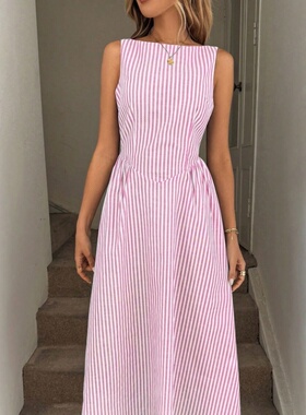striped dress欧码夏季女无袖竖条纹休闲度假连衣裙时尚公主长裙