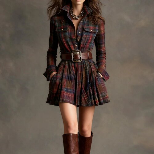 欧美格纹印花收腰衬衫连衣裙