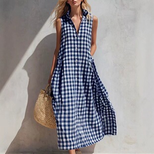 Sleeveless plaid dress26欧美夏季新款女宽松舒适无袖格纹连衣裙