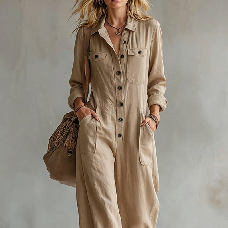 Wearing jumpsuit2026跨境女连体裤翻领长袖阔腿连身裤宽松工装裤