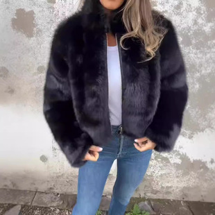 秋冬仿皮草高领拉链休闲外套 jacket2024欧美跨境女新款 Faux fur