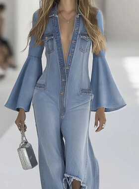 Loose denim jumpsuit跨境秋冬新款女式宽松休闲单排扣牛仔连体裤