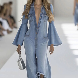 宽松休闲单排扣牛仔连体裤 Loose 女式 jumpsuit跨境秋冬新款 denim