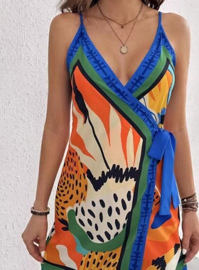 Strap Dress2025欧美春夏新品女士时尚休闲V领系带度假吊带连衣裙