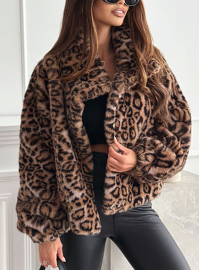 leopard print short jacket新款秋冬女式时尚个性豹纹翻领短外套
