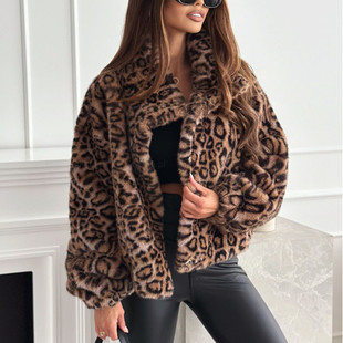 leopard print short jacket新款秋冬女式时尚个性豹纹翻领短外套