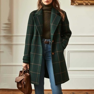 复古格子休闲简约中长款 Plaid 欧美女式 jacket冬季 翻领外套 coat