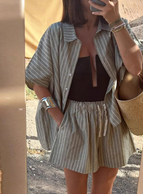 Loose casual suit欧美2025夏季女条纹衬衫口袋短裤宽松休闲套装