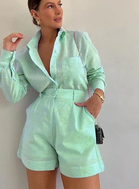 Fashion two-piece set2025欧美女新款宽松休闲衬衫短裤时尚套装