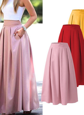 Pleated skirt2023年春秋欧美跨境女装大码纯色高腰百褶半身长裙