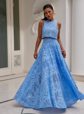 Hollow lace set2025春季新款女装无袖刺绣镂空蕾丝长裙度假套装