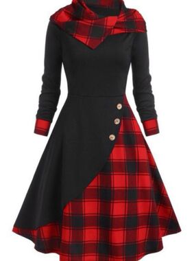 High necked dress欧美春季新款女装格子拼接连帽高领大摆连衣裙