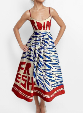 Strap Dress欧美女装新款2025春季性感U领收腰褶皱吊带大摆连衣裙