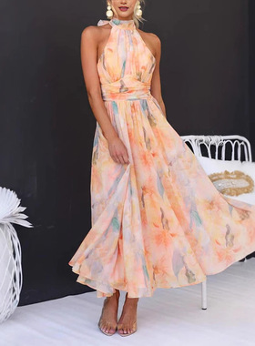 Colorful dress女式法式气质彩色挂脖露背收腰显瘦度假长裙连衣裙