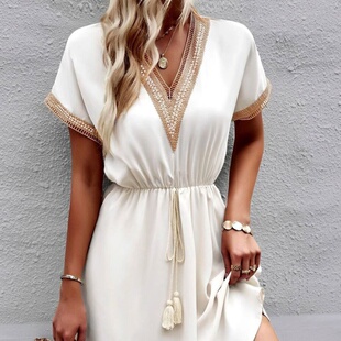 缎面蕾丝蝙蝠袖 Bat 春夏新款 dress2025欧美女装 收腰连衣裙 sleeve