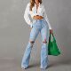Jeans2025新款 欧美高腰破洞牛仔裤 女装 Ripped 街头辣妹喇叭长裤