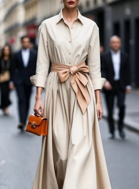 Lace up dress2025欧美秋季新款女长袖衬衣领纯色连衣裙系带长裙