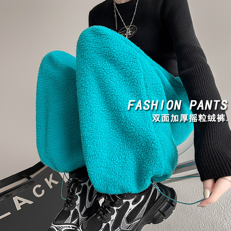 双面摇粒绒卫裤女秋冬加绒束脚裤