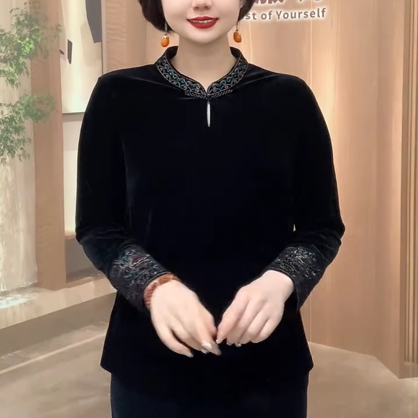 时尚中国风祥云刺绣金丝绒上衣女宽松遮肉小衫年轻气质中老年女装